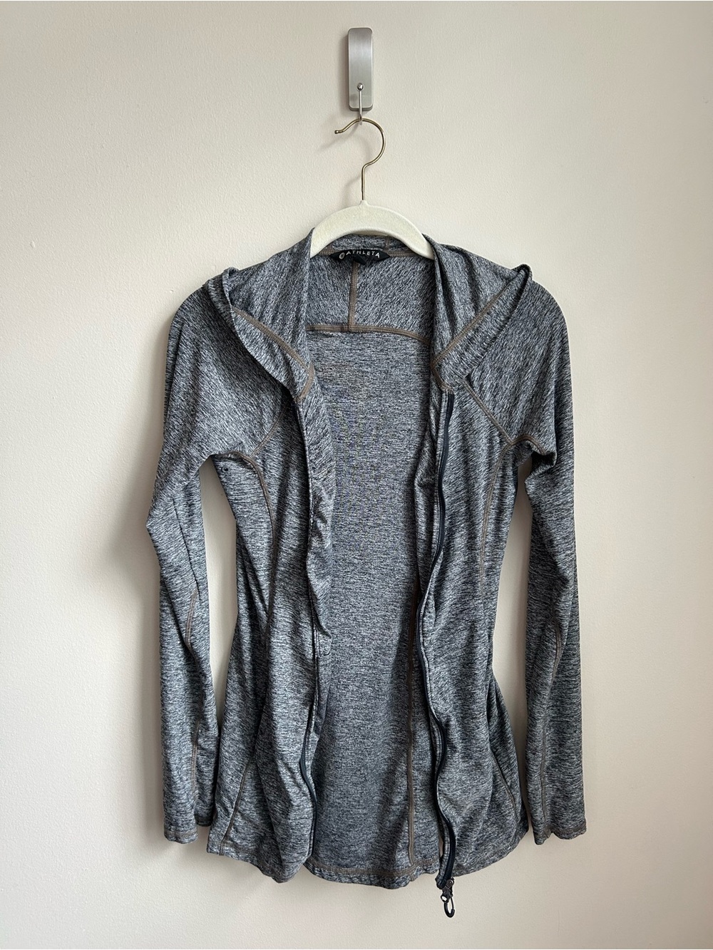 Athleta Gray Heather Hooded Open-Front Lightweight Top